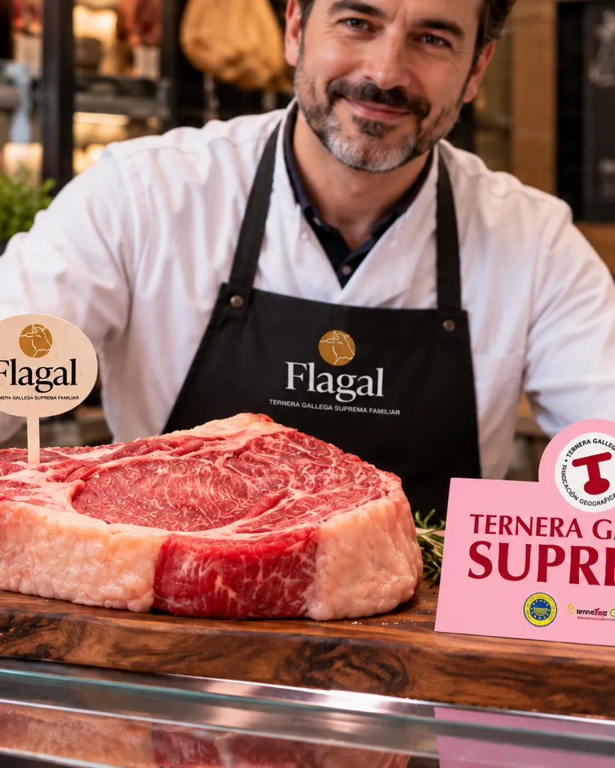 Carnicero en el mostrador de una carnicería con chuletón de Ternera Gallega Suprema FLAGAL