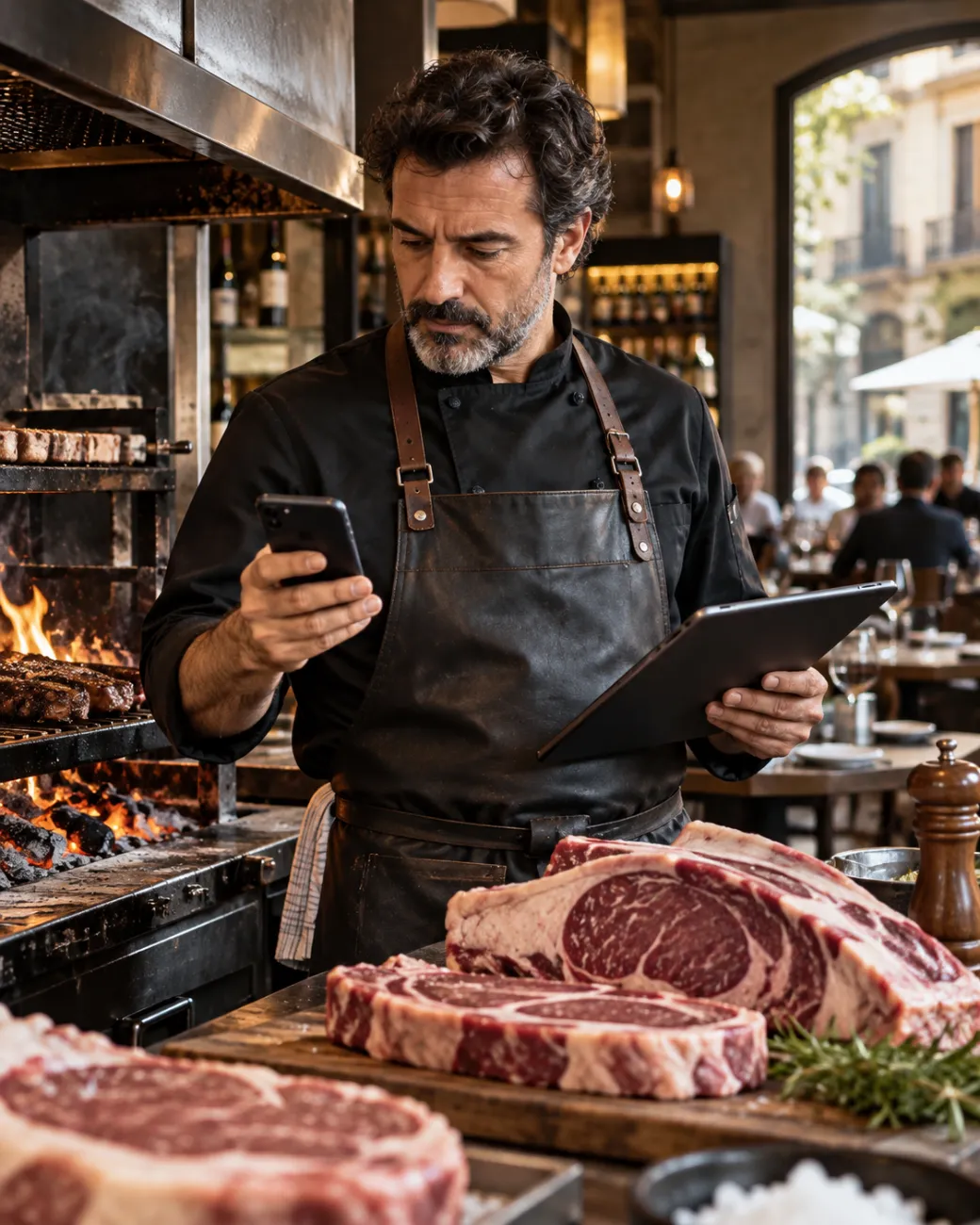 Chef de asador preparando chuletones de Ternera Gallega Suprema de raza Rubia Gallega