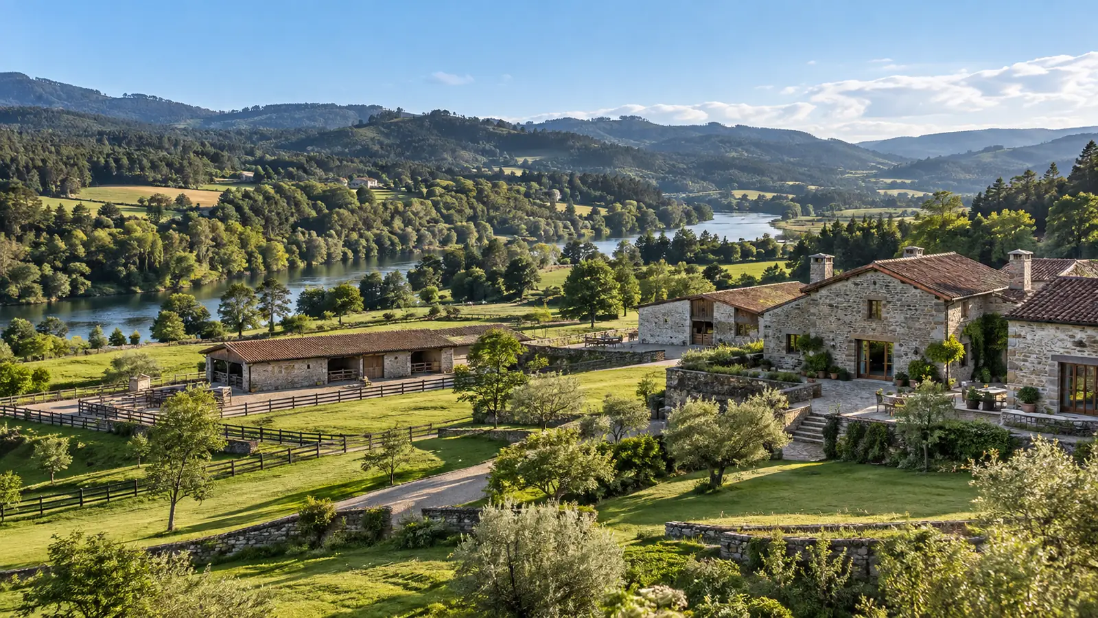 Finca de la ganadería de Rubia Gallega FLAGAL entre prados, río y bosque en Galicia