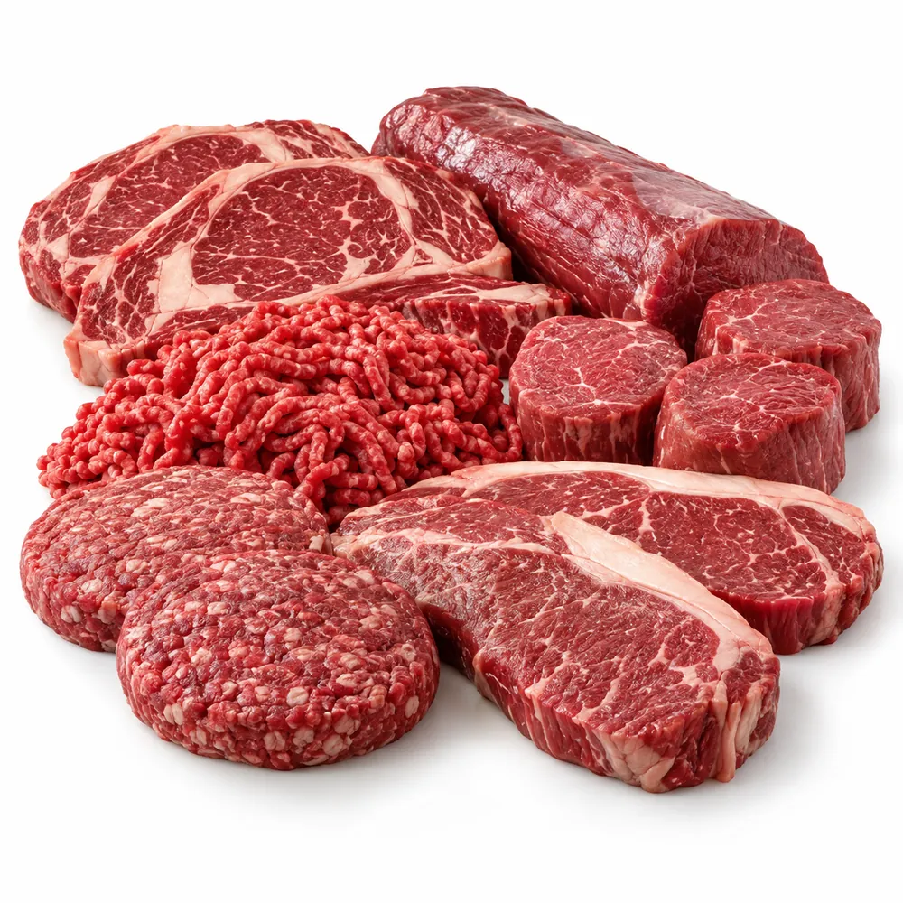 Lote familiar de carne de Ternera Gallega Suprema: chuletón, solomillo, filetes, hamburguesas y picada