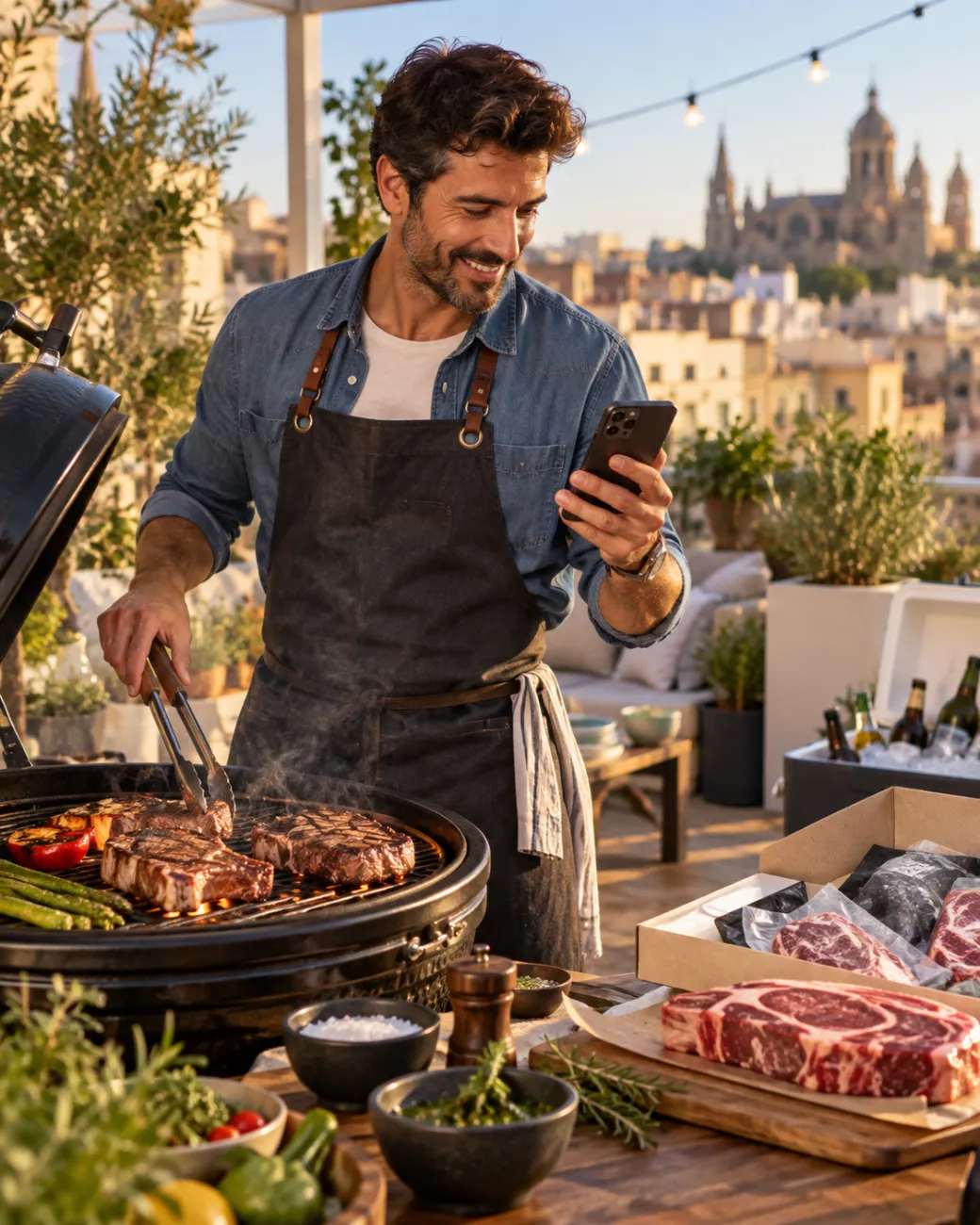 Parrillero asando chuletón de Rubia Gallega a la brasa