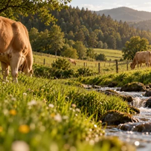 Rubia Gallega pastando junto al río en pradera gallega